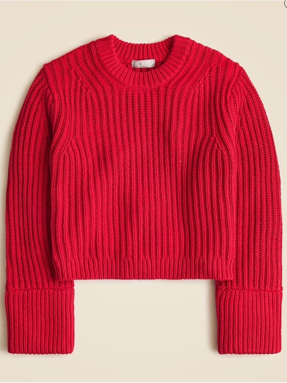 J.Crew Knit Heritage Cotton Fisherman Crewneck Sweater in Racing Red Sz Medium - Picture 1 of 16
